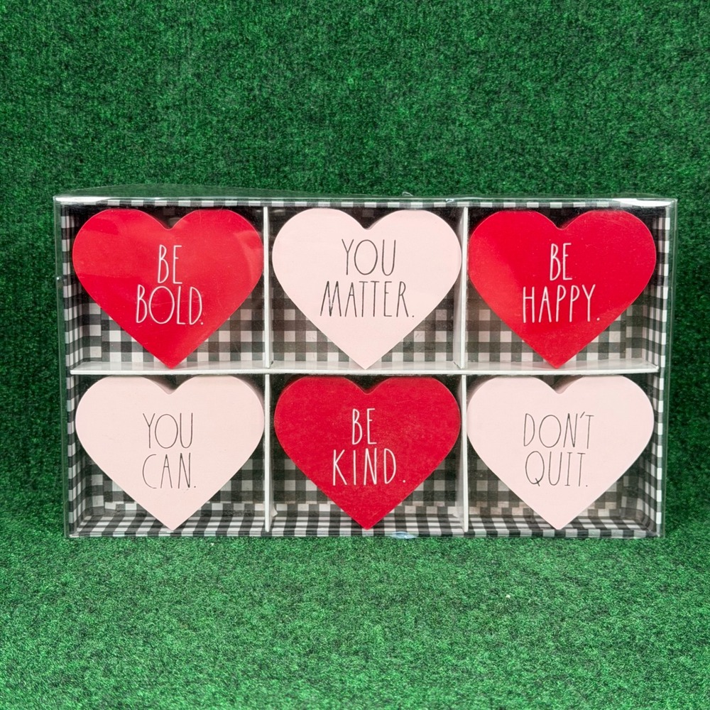 Rae Dunn Wood Heart Shelf Sitter Set 6pc Red Pink Valentine Decor Inspirational - Picture 1 of 7